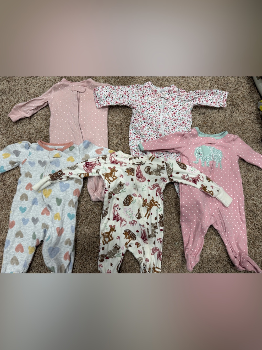 Baby Girl 3M Footed Pajamas Carter’s Member’s Mark 5 Piece Lot